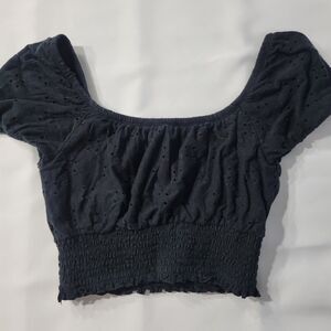 Hollister Black Eyelet Smocked Crop Top Blouse Size XS Short Sleeve Peasant Top